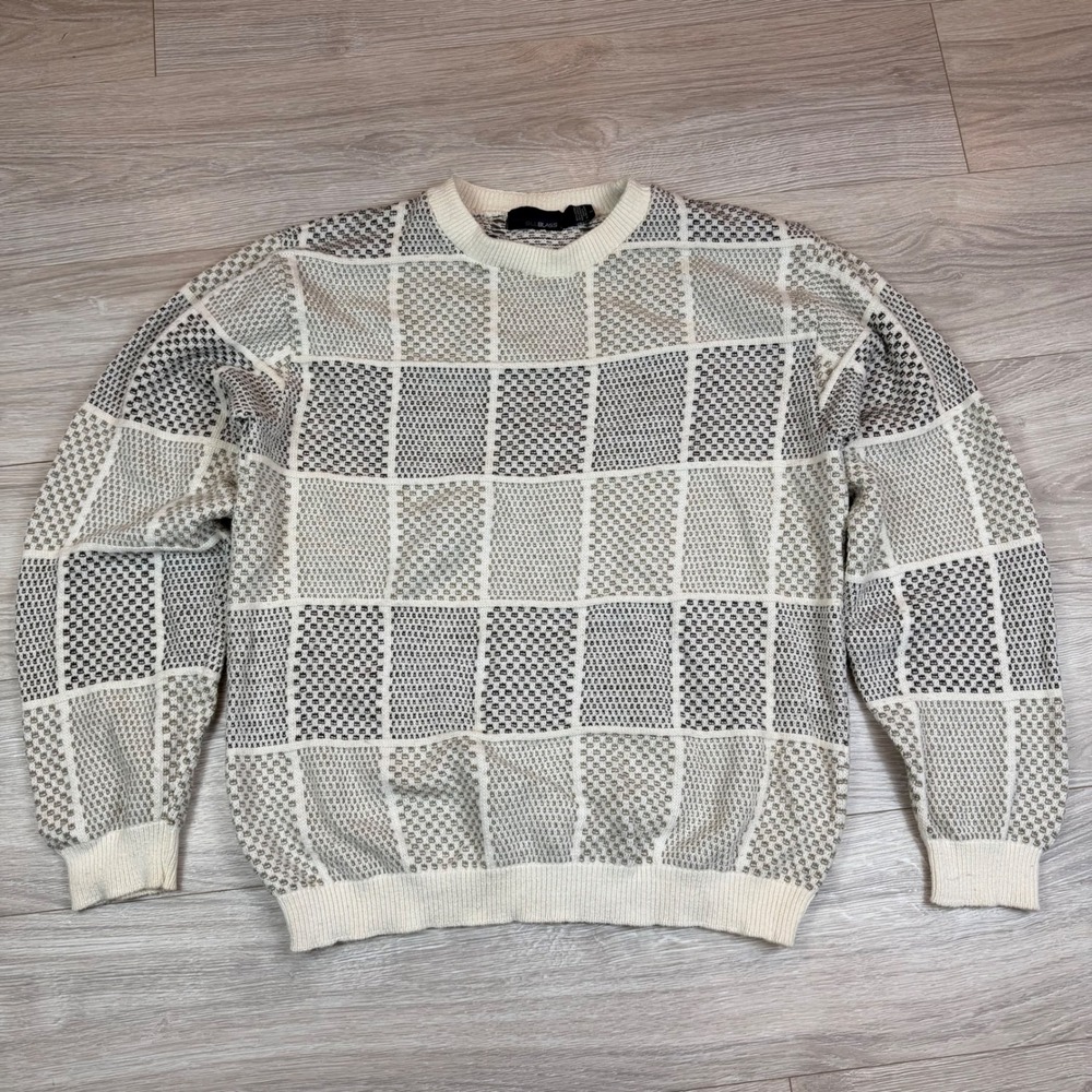 Vintage 90s Bill Blass Plaid Checkerboard Textured Cotton Blend Sweater Size‎ L